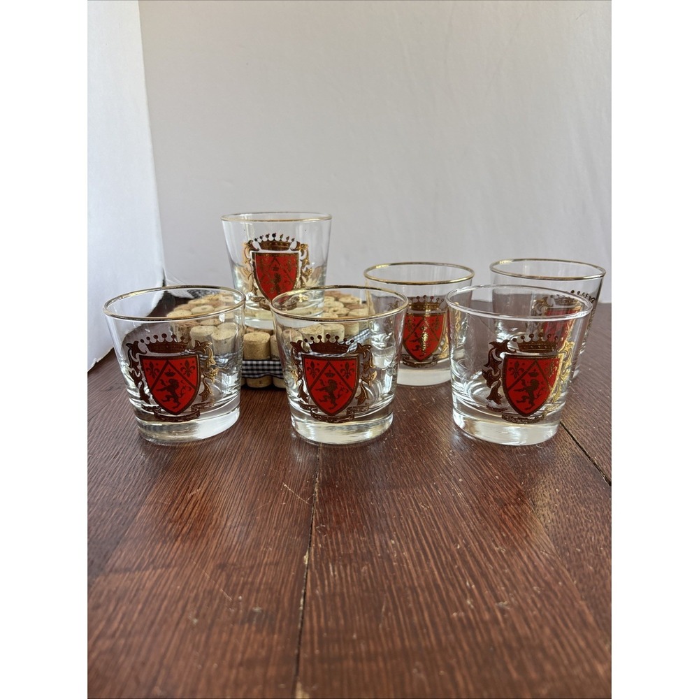 (6) Vtg Libbey Whiskey Rocks Glass Heraldy Crown Lion Fleur De Lis Coat Of Arms